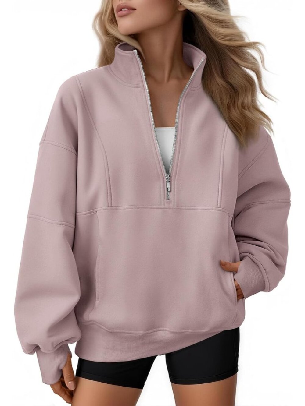 〽️Women Dark Pink Quarter Zip Oversized Fleece Mock Neck Pullover Hoodie Jacket